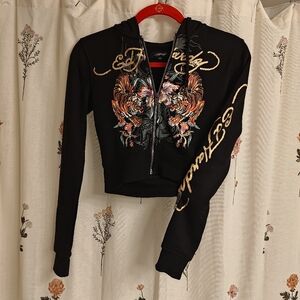 Ed Hardy Black Hooded Cropped Zip-Up With Tigers And Orchid Blossoms 🌸 Xs